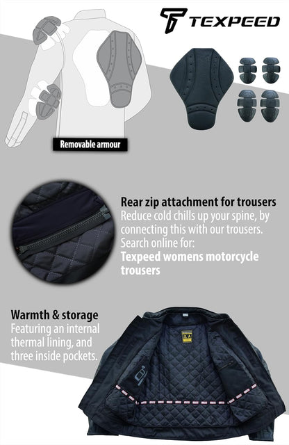 Texpeed Women's Motorcycle Leather Armoured Brando Jacket [AAA] | Black: M