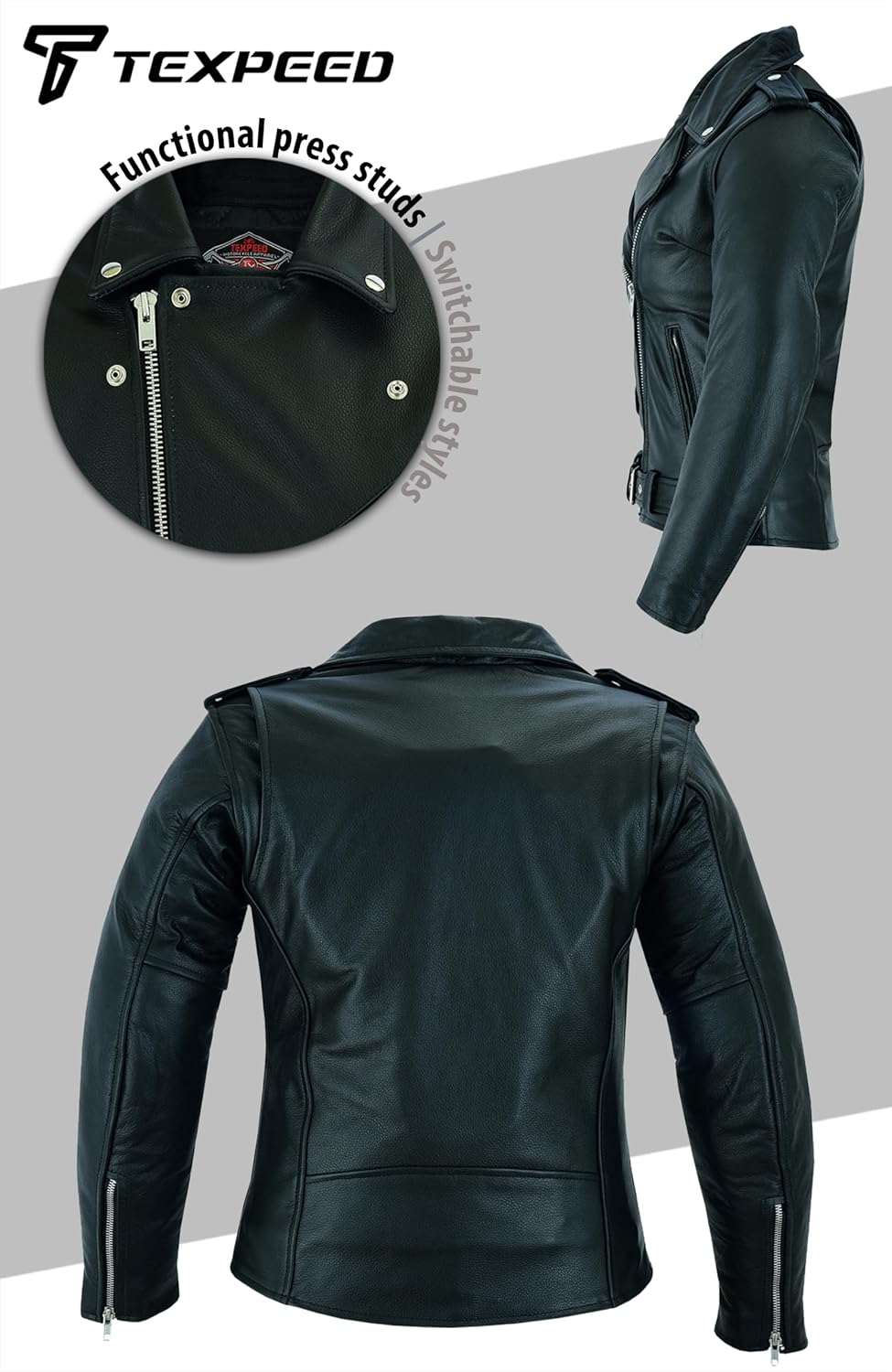 Texpeed Women's Motorcycle Leather Armoured Brando Jacket [AAA] | Black: M