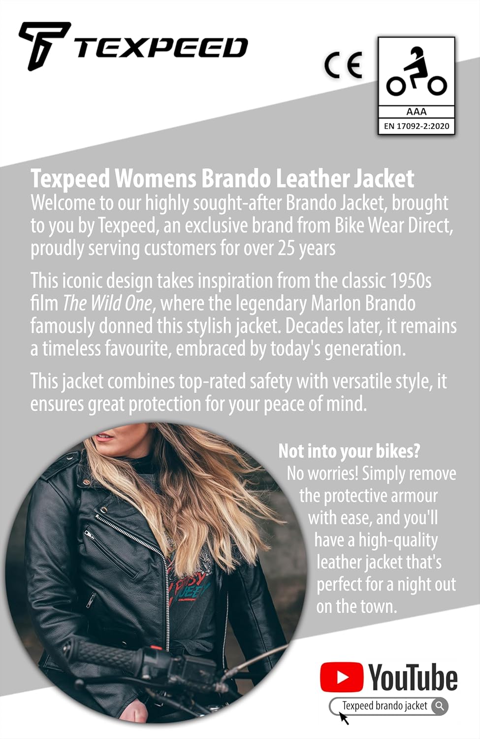 Texpeed Women's Motorcycle Leather Armoured Brando Jacket [AAA] | Black: M