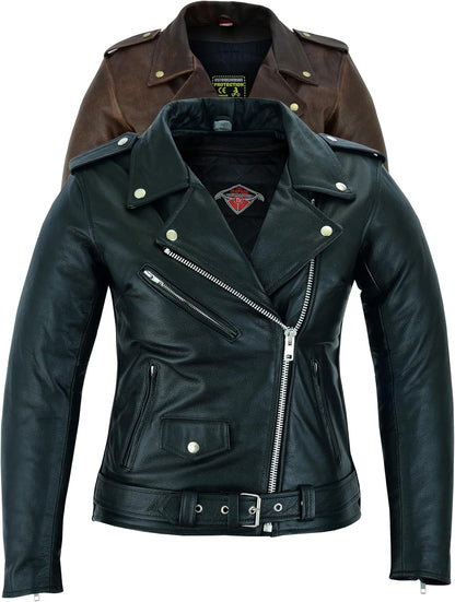 Texpeed Women's Motorcycle Leather Armoured Brando Jacket [AAA] | Black: M