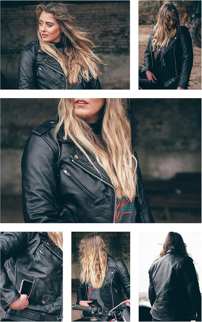 Texpeed Women's Motorcycle Leather Armoured Brando Jacket [AAA] | Black: M